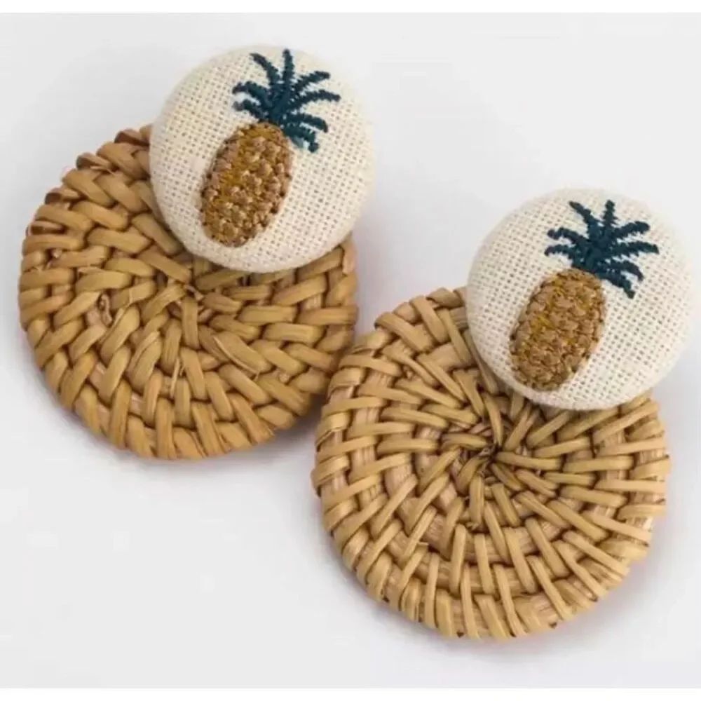 New Owls Nest Jewelry Pineapple Linen & Bamboo Raffia Drop Summer Earrings
